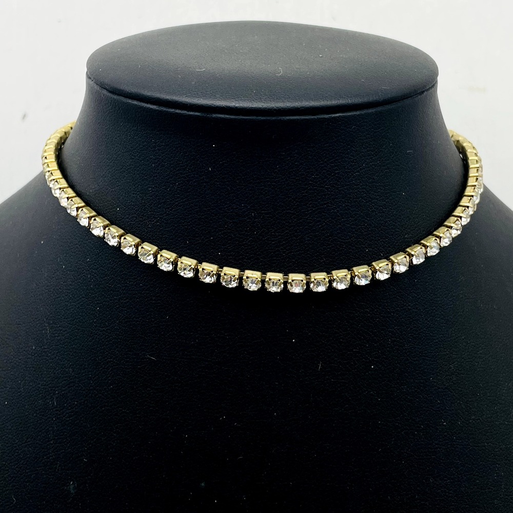 Vintage Rhinestone Tennis Necklace Choker Gold Tone Clear Single Strand Elegant